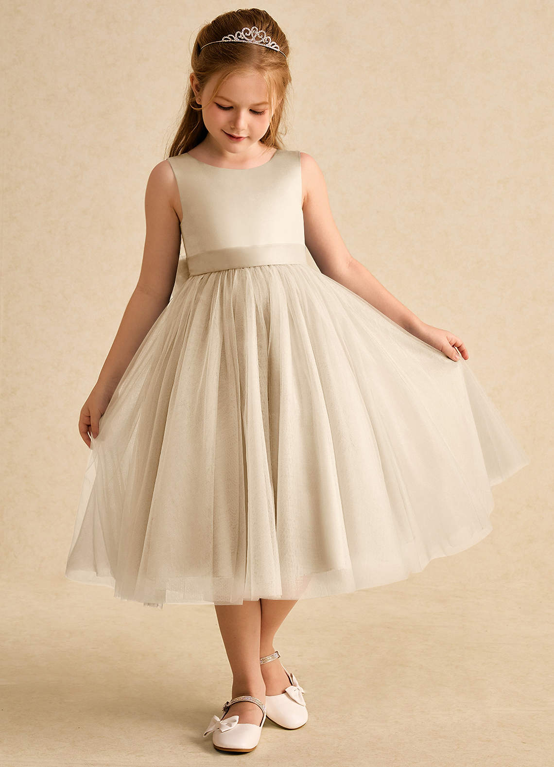 Azazie Winnie Flower Girl Dresses Champagne Ball-Gown Bow Tulle Dress image1