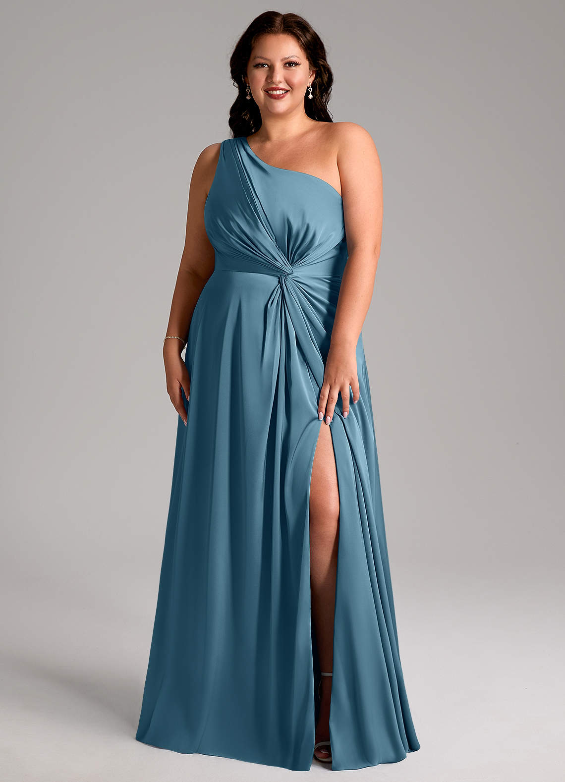 Azazie Brooke Bridesmaid Dresses Bermuda A-Line One Shoulder Stretch Satin Dress image7