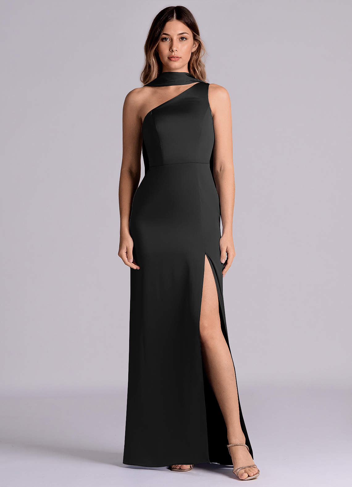 Azazie Philana Brautjungfernkleider A-Linie One-Shoulder Stretch-Satin Kleid Schwarz image1