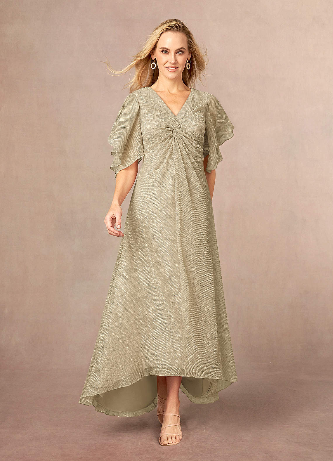 Azazie Mollina Mother of the Bride Dresses Champagne Gold A-Line Ruffle Flutter Sleeve Metallic Mesh Dress image1