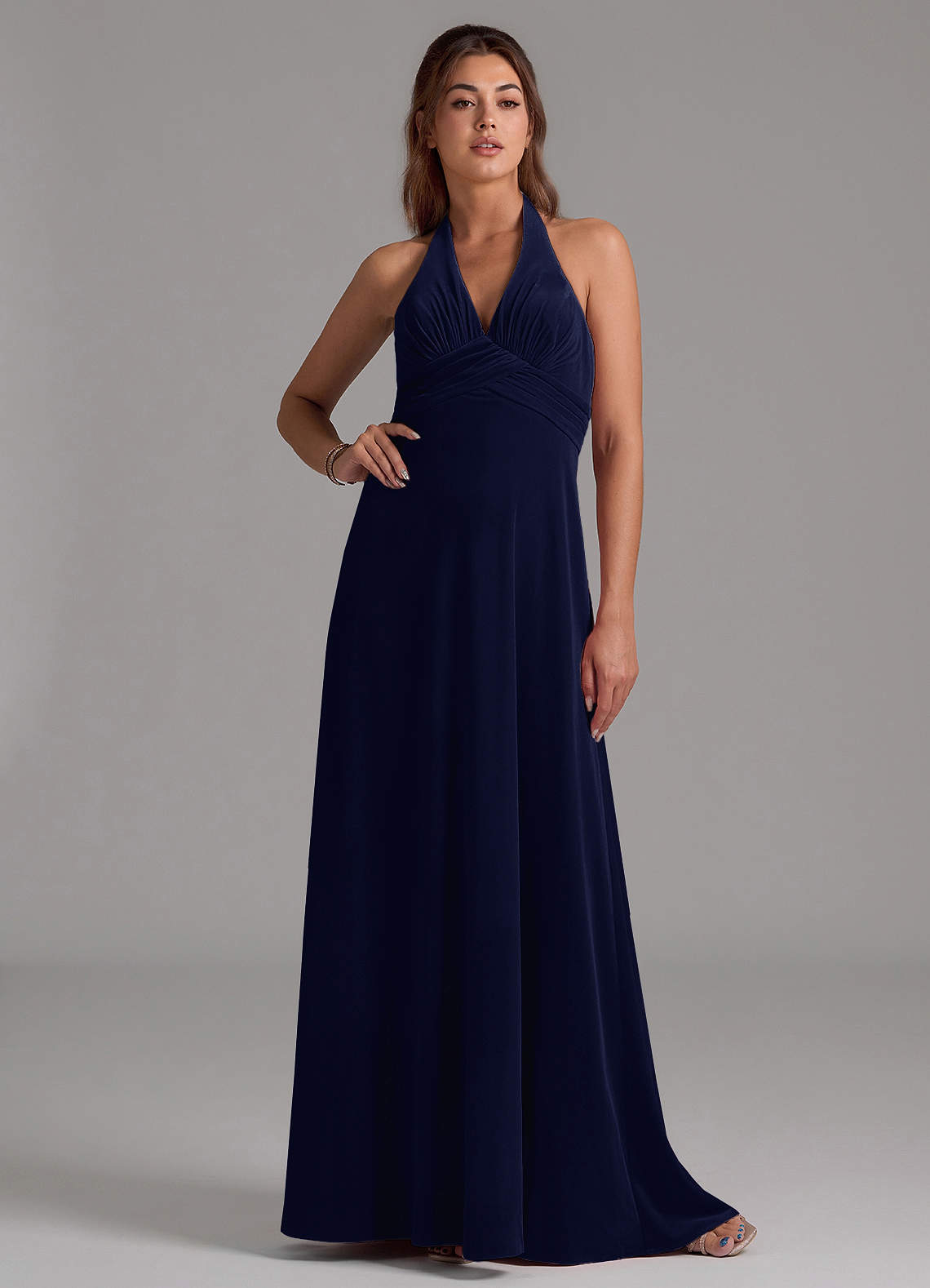 Azazie Tessie Bridesmaid Dresses Dark Navy A-Line Pleated Velvet Dress image1