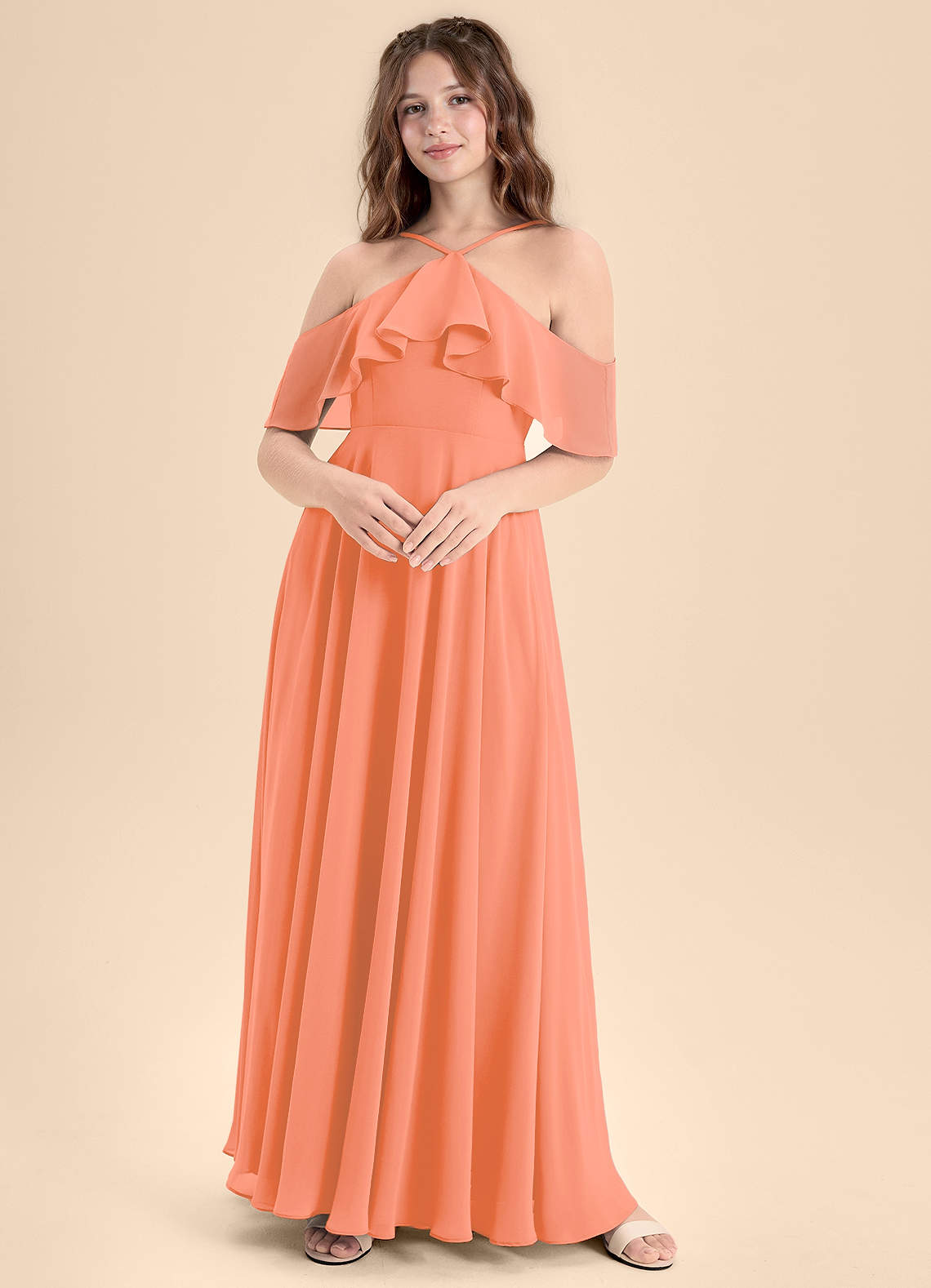 Azazie Tessabelle Junior Jurk van Chiffon met A-Lijn Off the Shoulder Zonsondergang image1