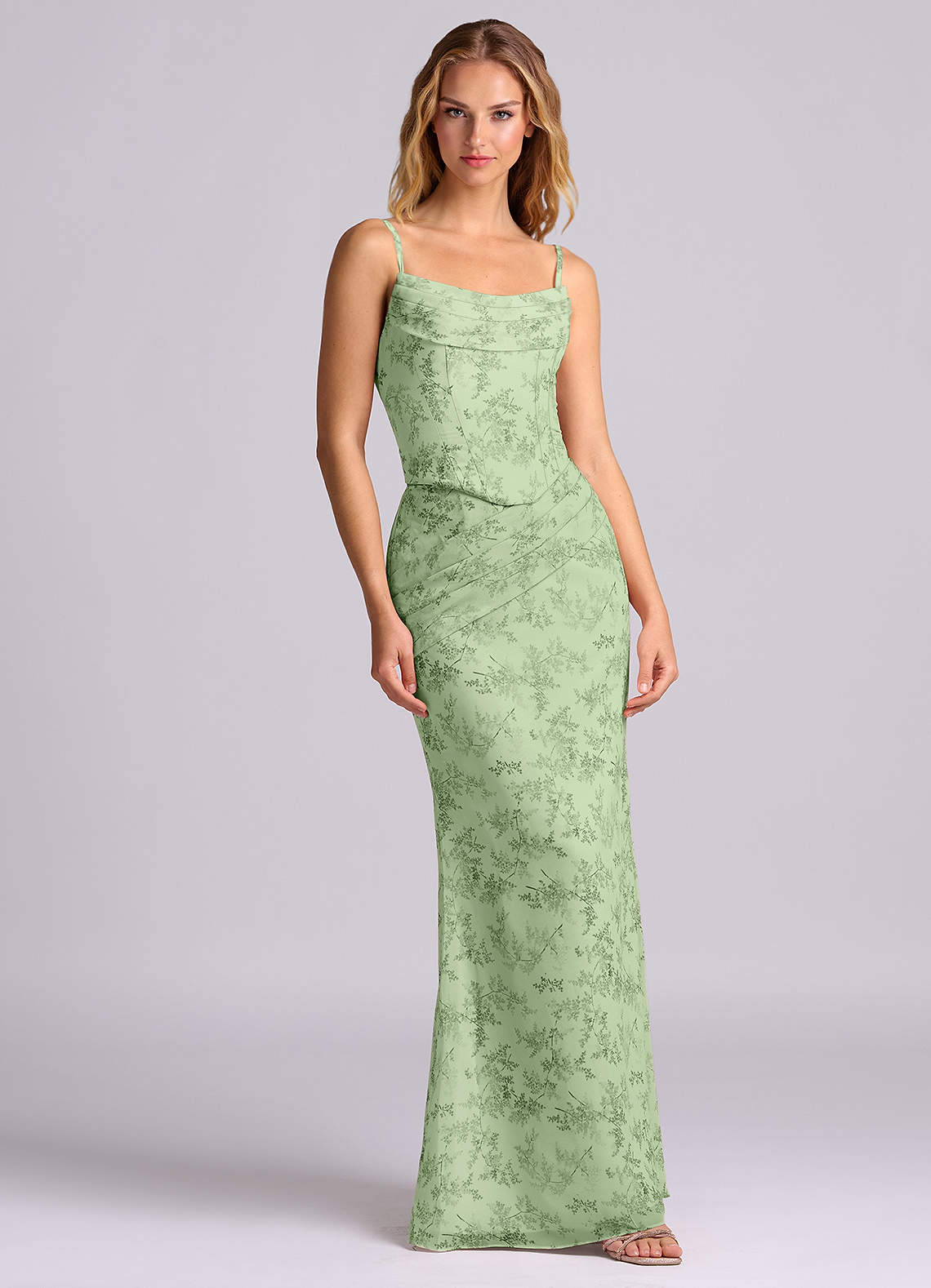 Azazie Sorrel Vestidos de damas de honor Vestido de Floral Helecho Verde de Gasa de Corte Sirena con Corsé image3