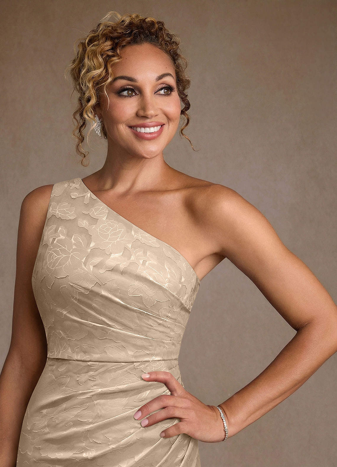 Azazie Joylin Mother of the Bride Dresses Champagne Trumpet One Shoulder Floral Burnout Dress image4