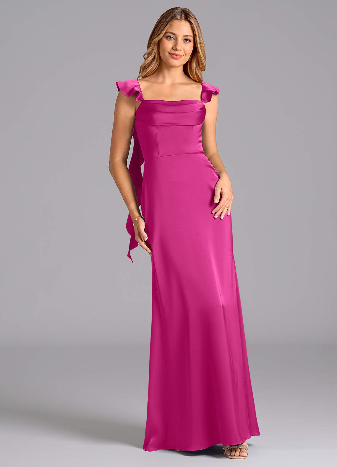Azazie Adi Bridesmaid Dresses Fuchsia A-Line Pleated Stretch Satin Dress image1
