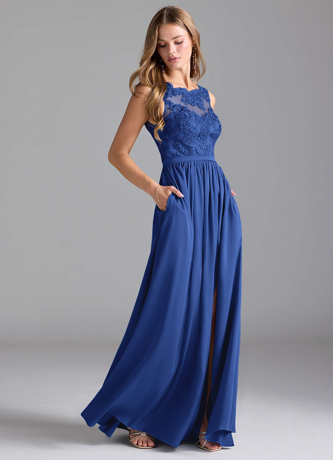 Azazie Elly Bridesmaid Dresses Royal Blue A-Line Lace Stretch Satin Dress image1