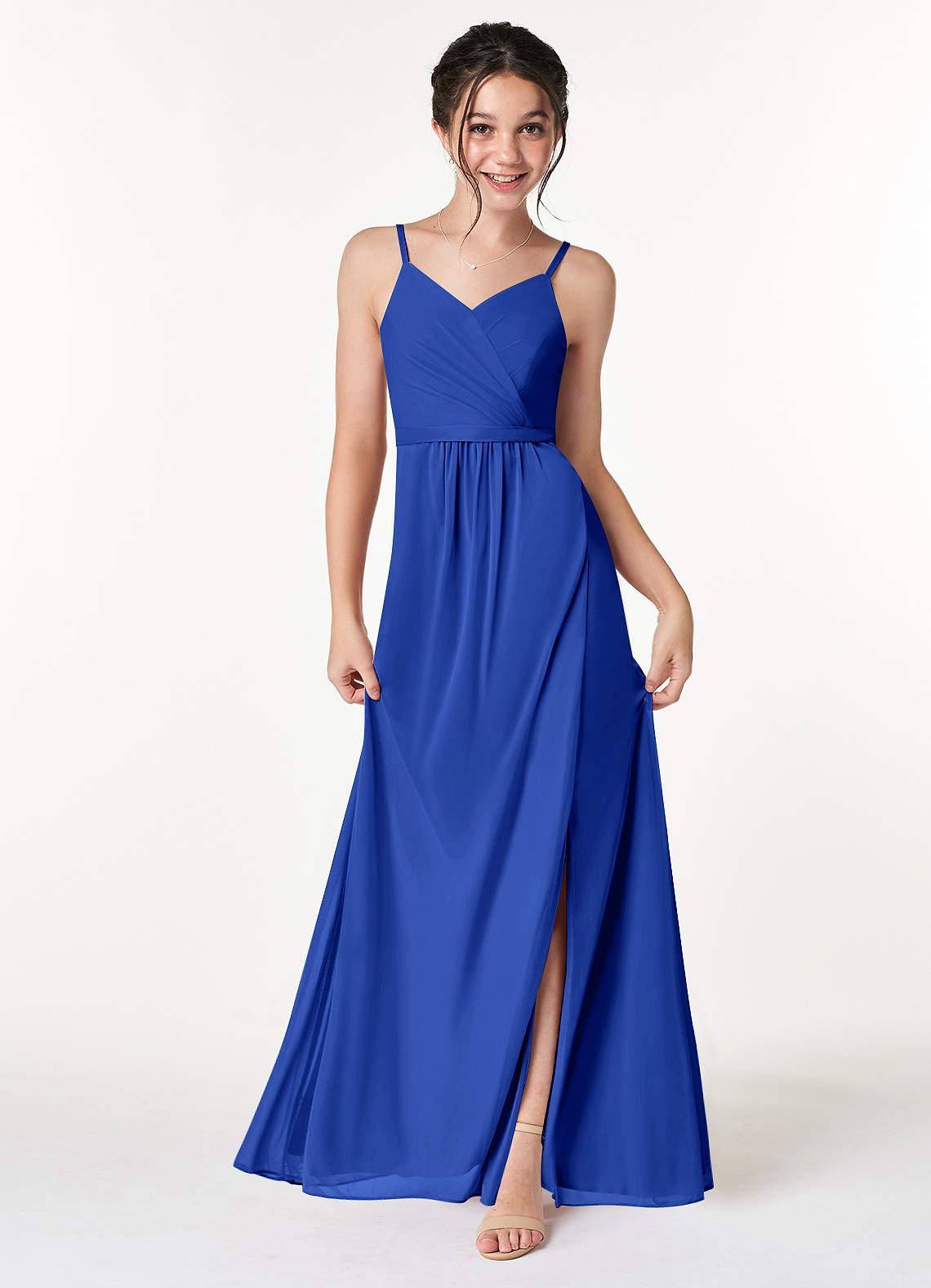 Azazie Luxy Junior Vestido de Azul Real de Malla con Plisado image1