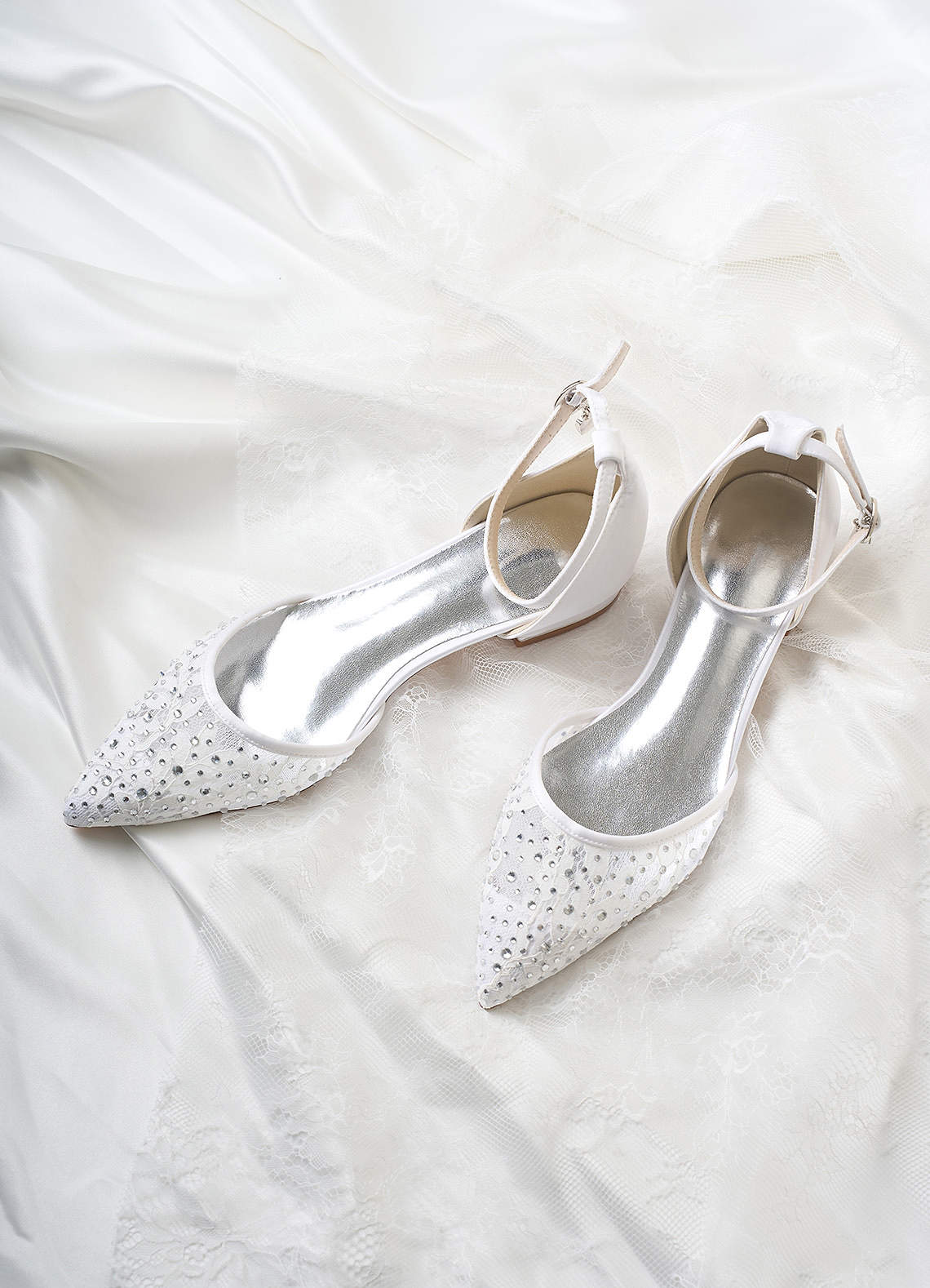 front Lace and Rhinestone Pointed Toe Flats