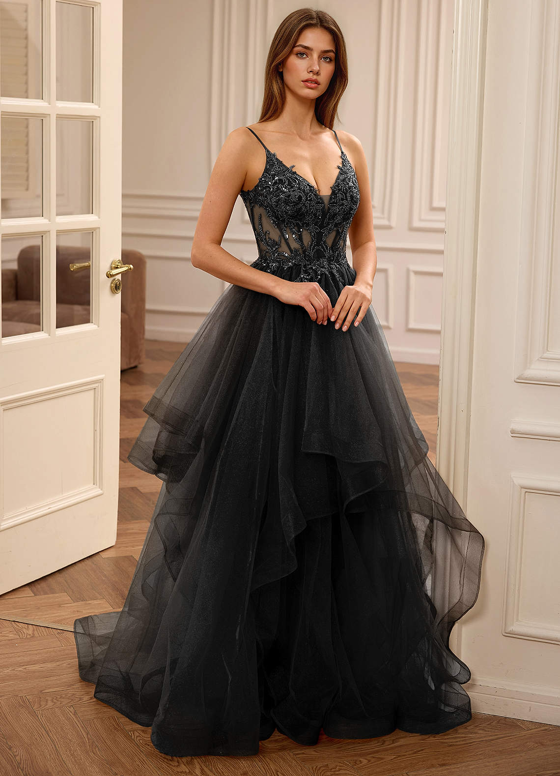 green emerald velvet dress Sheer-Bodice Long A-Line Prom Dress with Embroidery Sage / Small