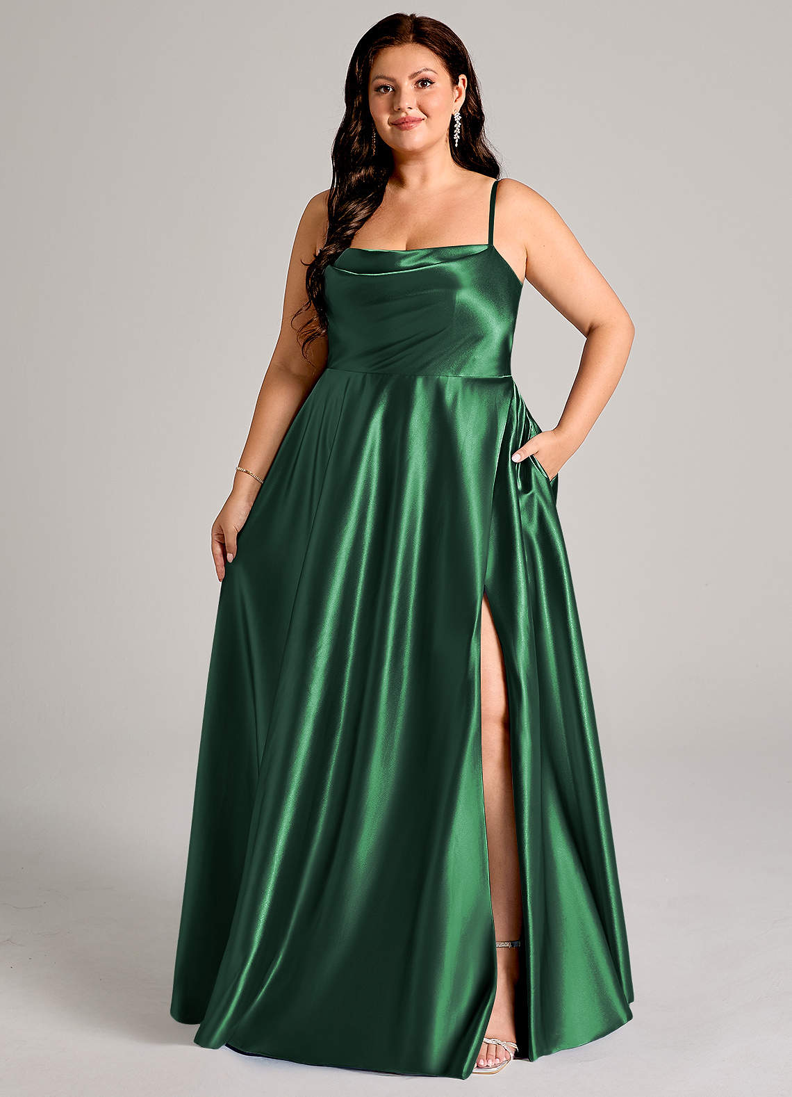 Azazie Elle Bridesmaid Dresses Dark Green A-Line with Pockets Metallic Satin Dress image1