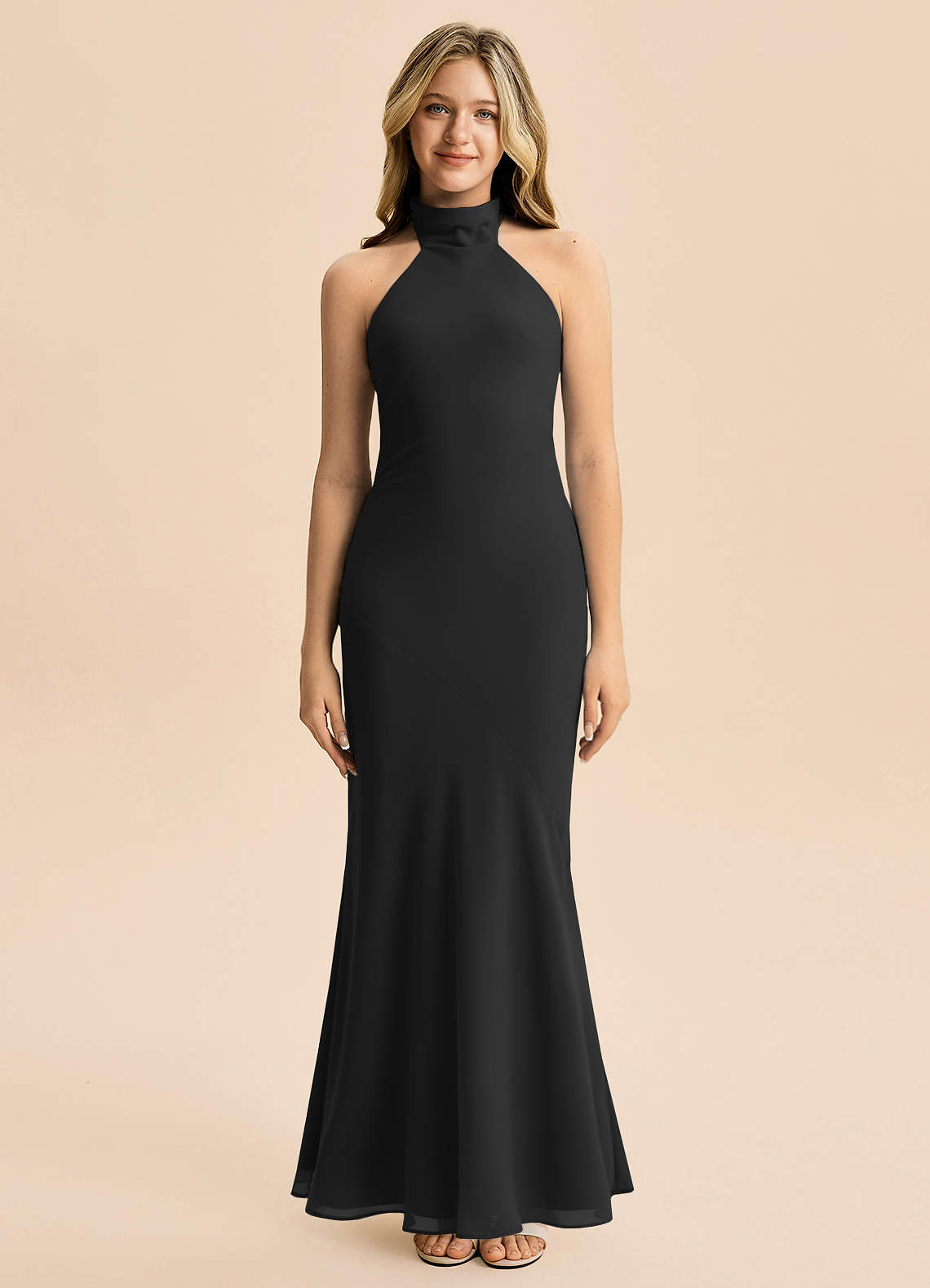 Azazie Velli Junior Vestido Preto de Chiffon de sereia com Pescoço alto image2