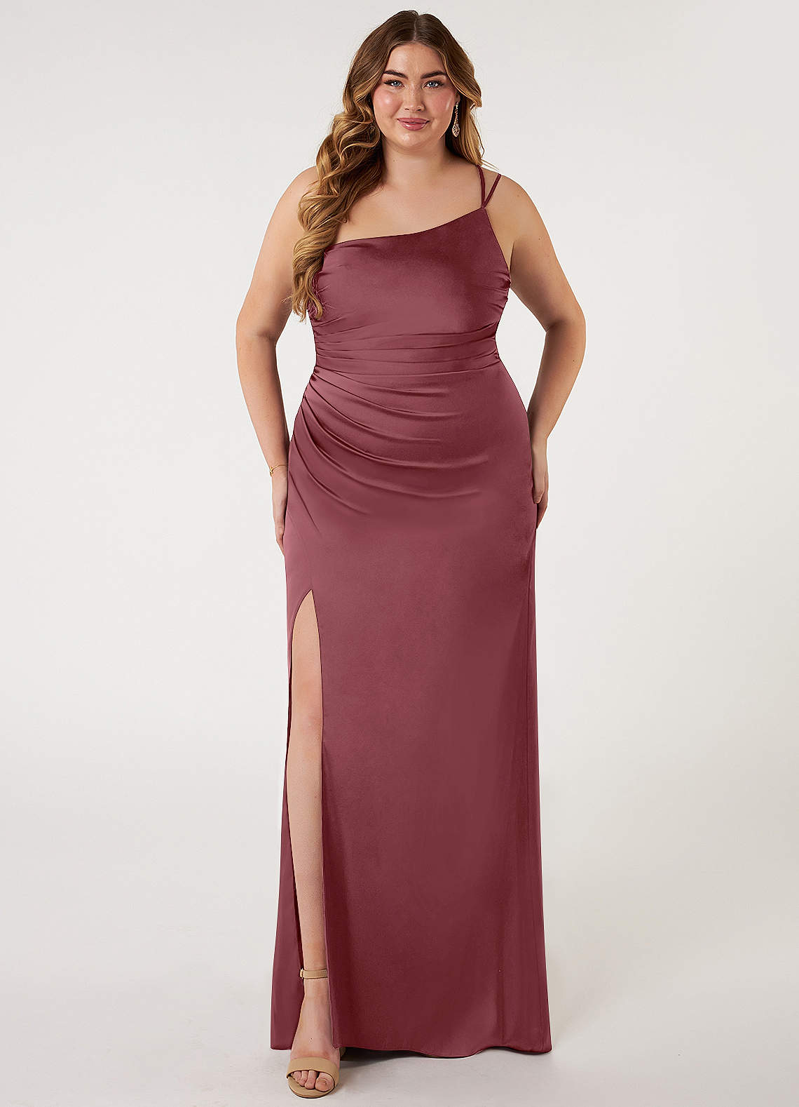Azazie Eren Bridesmaid Dresses Desert Rose Mermaid One Shoulder Stretch Satin Dress image1