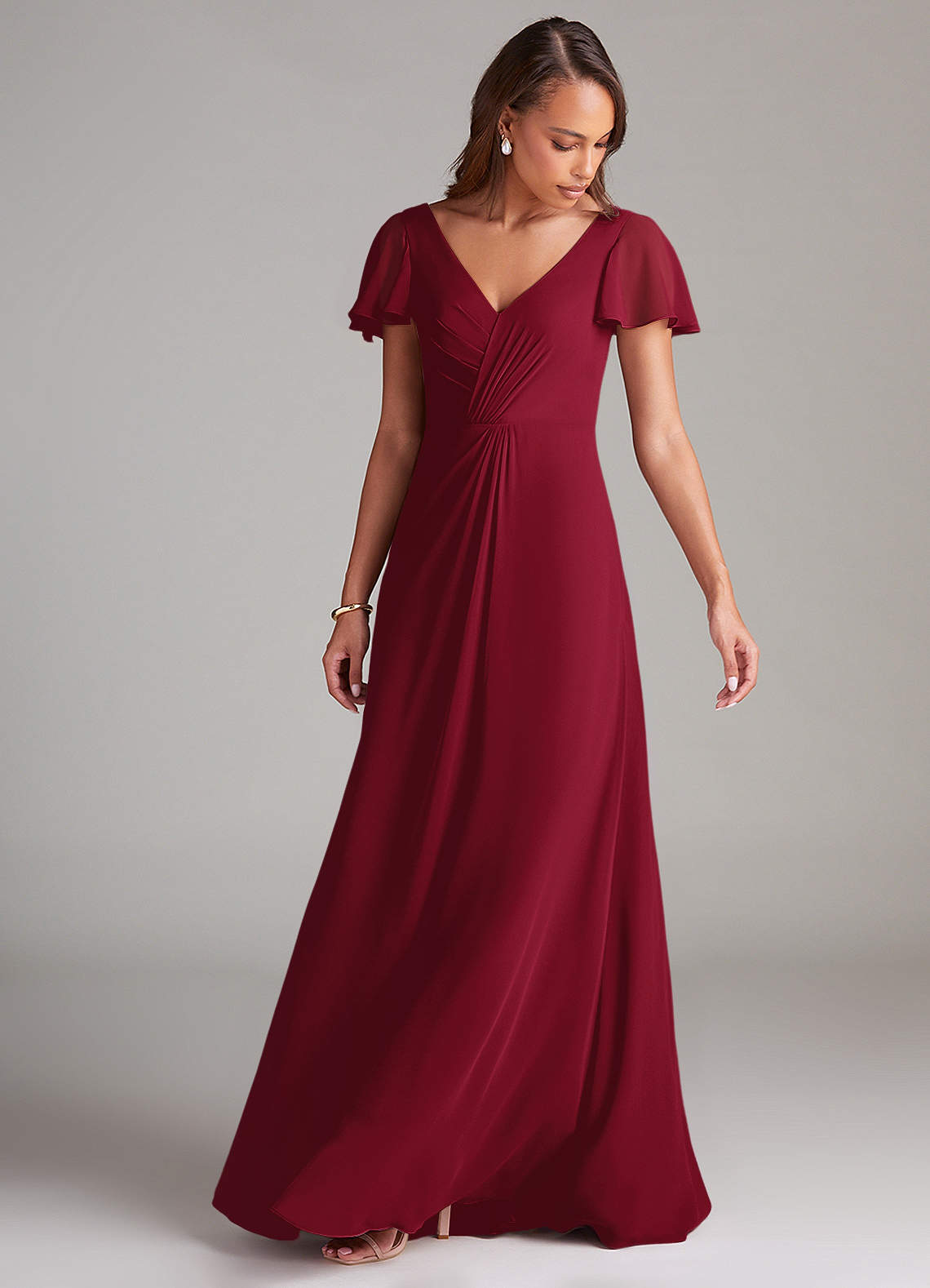 Azazie Soren Bridesmaid Dresses Burgundy A-Line Ruched Chiffon Dress image4