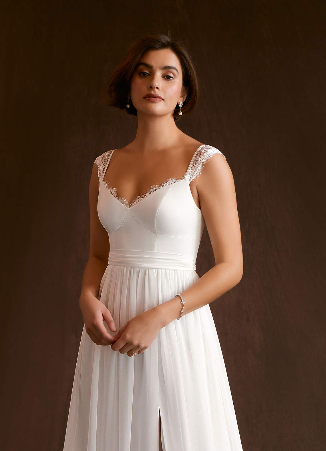 Azazie Aubriella At-home Try On Dresses Diamond White A-Line Lace Chiffon Dress image5