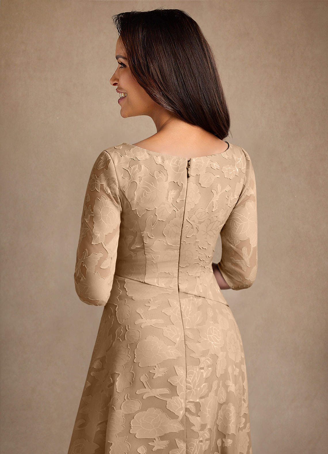 Azazie Durant Mother of the Bride Dresses Champagne A-Line Pleated Floral Burnout Dress image4