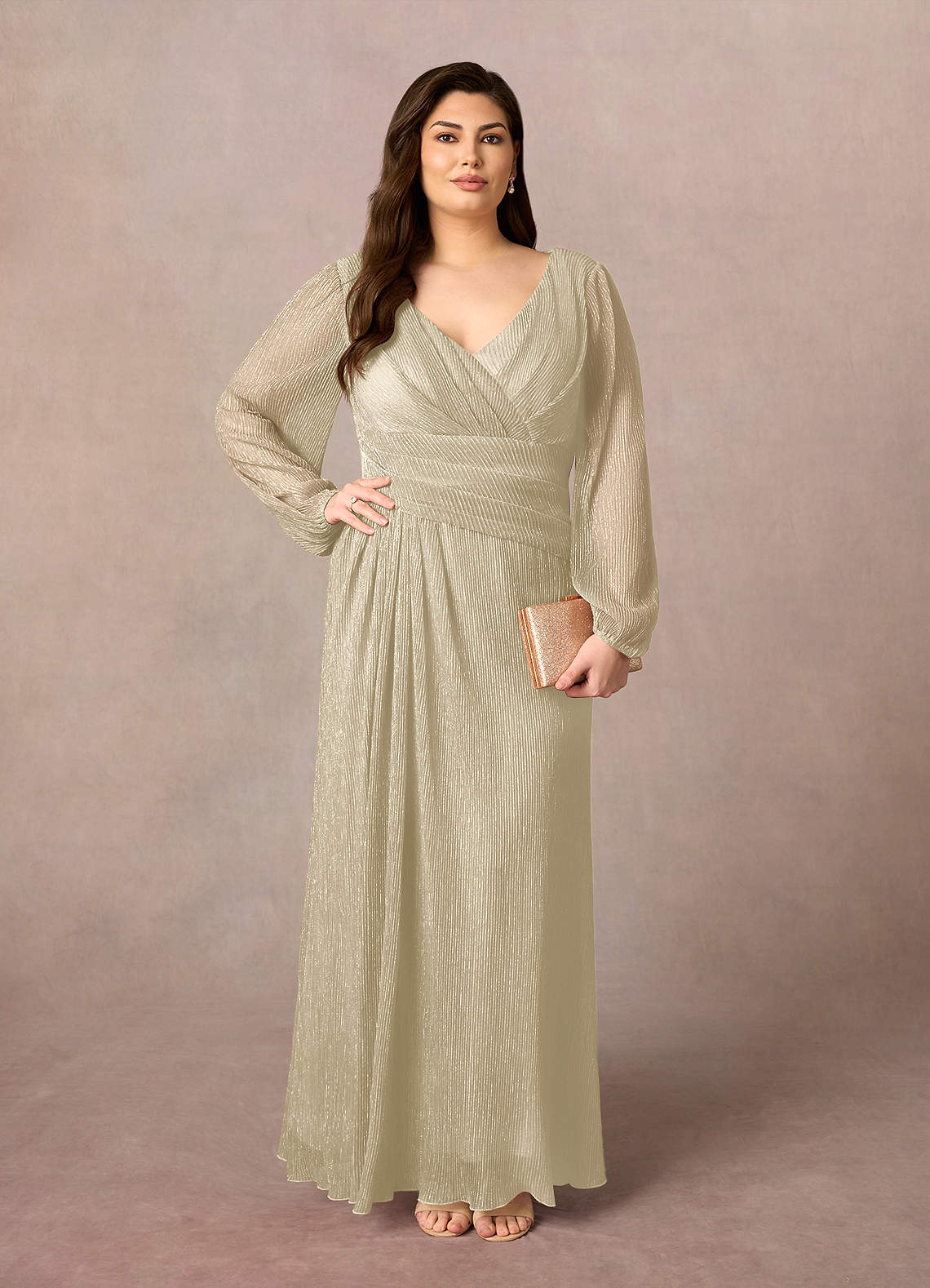 Upstudio Winslow Mother of the Bride Dresses Champagne A-Line V-Neck Pleated Metallic Mesh Dress image7