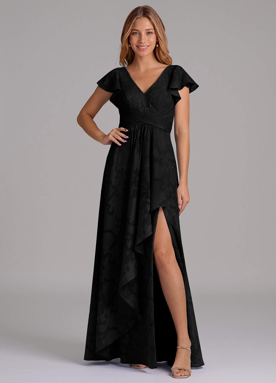 Azazie Omari At-home Try On Dresses Black A-Line Pleated Floral Burnout Dress image1