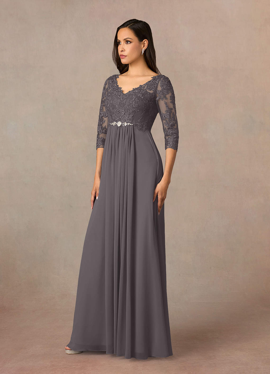 Azazie Hayek Steel Grey A-Line V-Neck Lace Chiffon Dress | Azazie