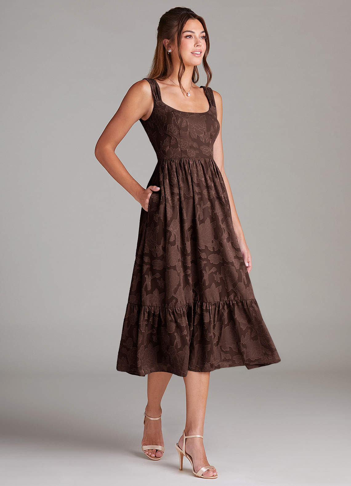 Azazie Alissa At-home Try On Dresses Agave A-Line with Pockets Floral Burnout Dress image3