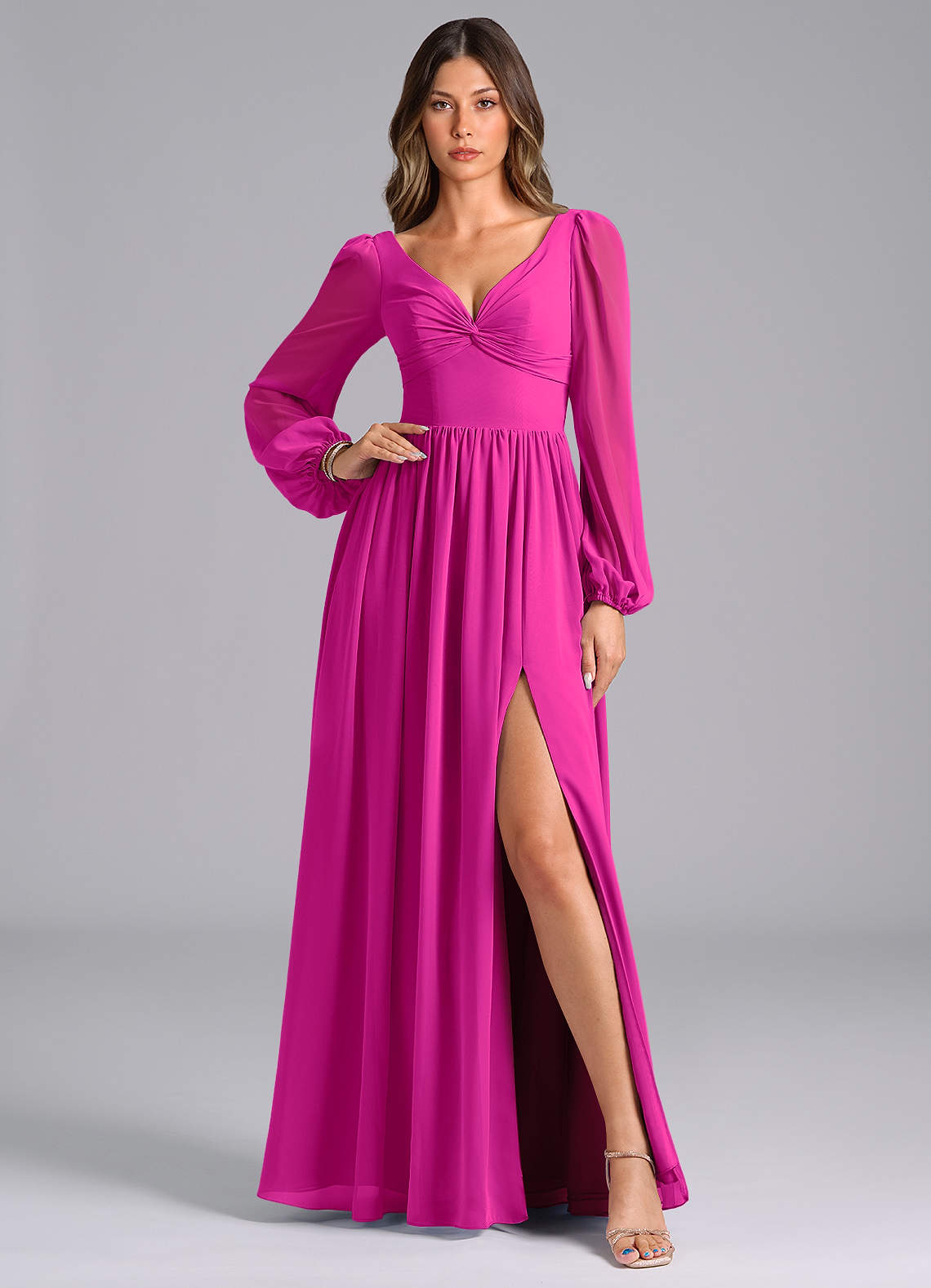 Azazie Zeya Bridesmaid Dresses Fuchsia A-Line Long Sleeve Chiffon Dress image1