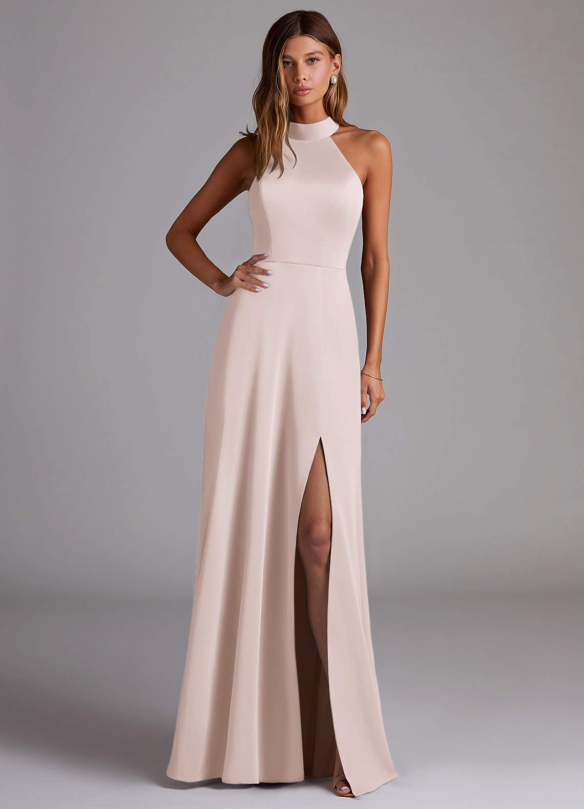 Azazie Calianna Bridesmaid Dresses Blushing Pink A-Line Off the Shoulder Stretch Satin Convertible Dress image1