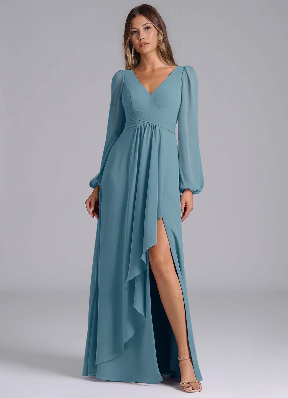 Azazie Omari Bridesmaid Dresses Moody Blue A-Line Long Sleeve Chiffon Dress image1