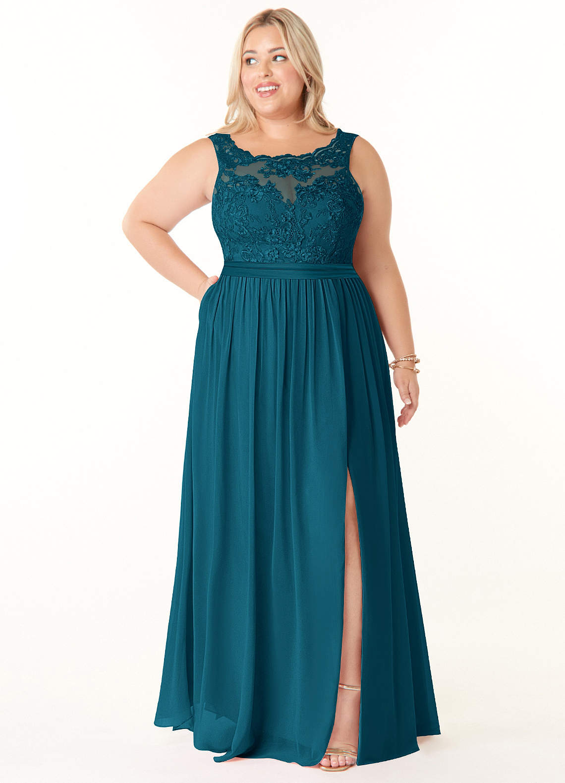 Azazie Elly Bridesmaid Dresses Ink Blue A-Line Lace Scoop Neck Chiffon Dress image6