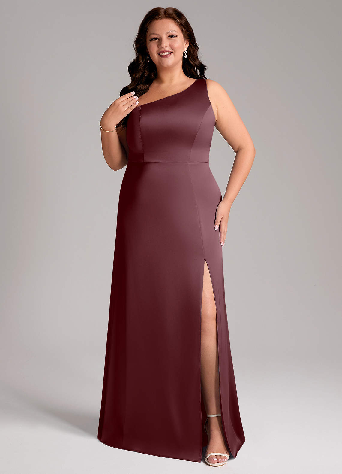 Azazie Phaedra Bridesmaid Dresses Sangria A-Line One Shoulder Stretch Satin Dress image1
