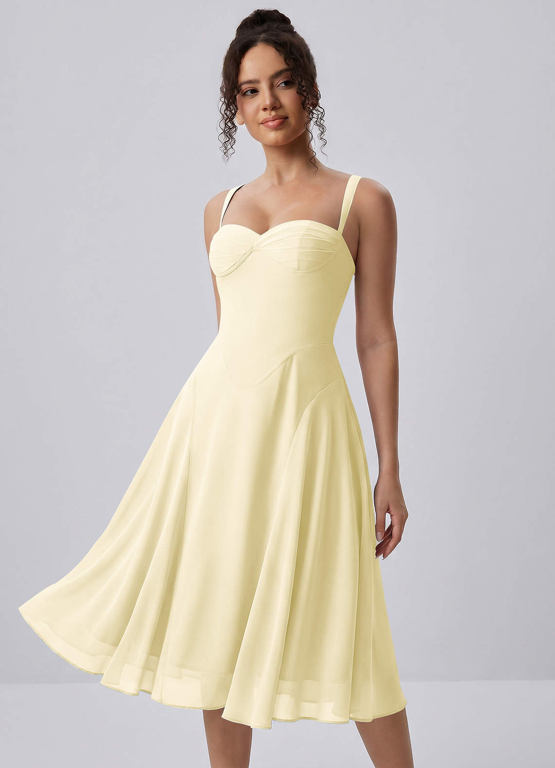 Azazie Butter Yellow A-Line Tea-Length Birthday Dress Corset Lace Up Satin Faced Chiffon Sweetheart