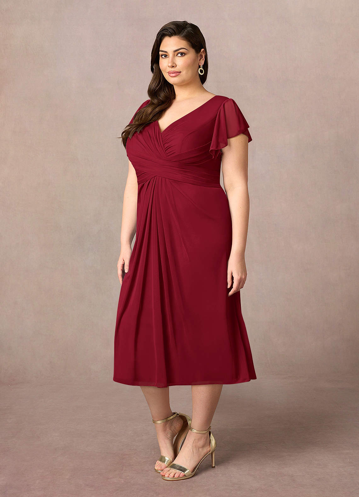 Azazie Vera Mother of the Bride Dresses Burgundy A-Line V-Neck Pleated Mesh Dress image6