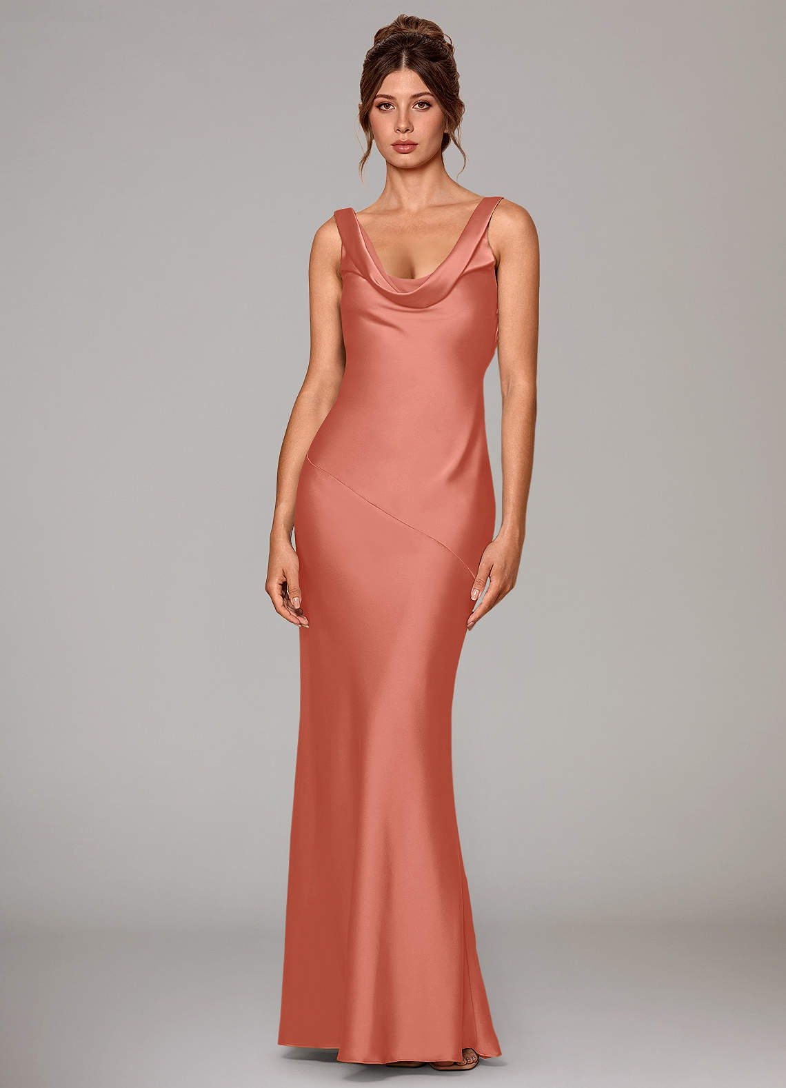 Azazie Rylina Salmon Pink Stretch Satin Bridesmaid Dresses | Azazie