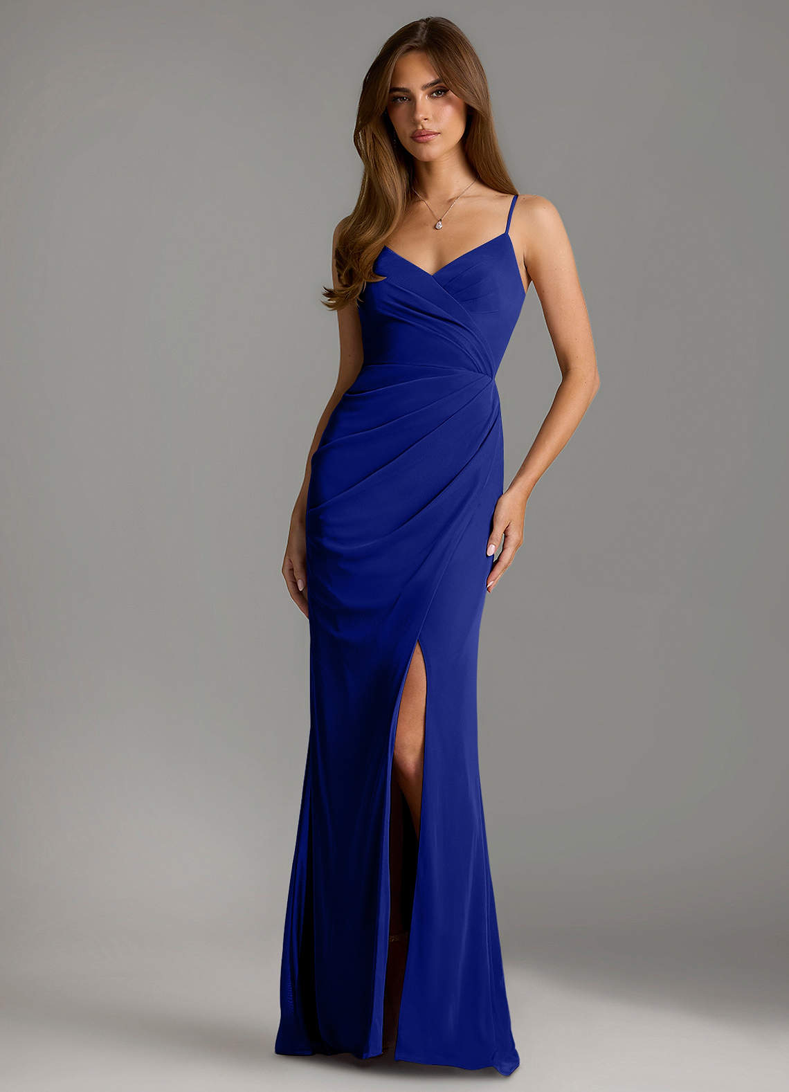 Azazie Maci Bridesmaid Dresses Royal Blue Sheath Pleated Mesh Dress image1