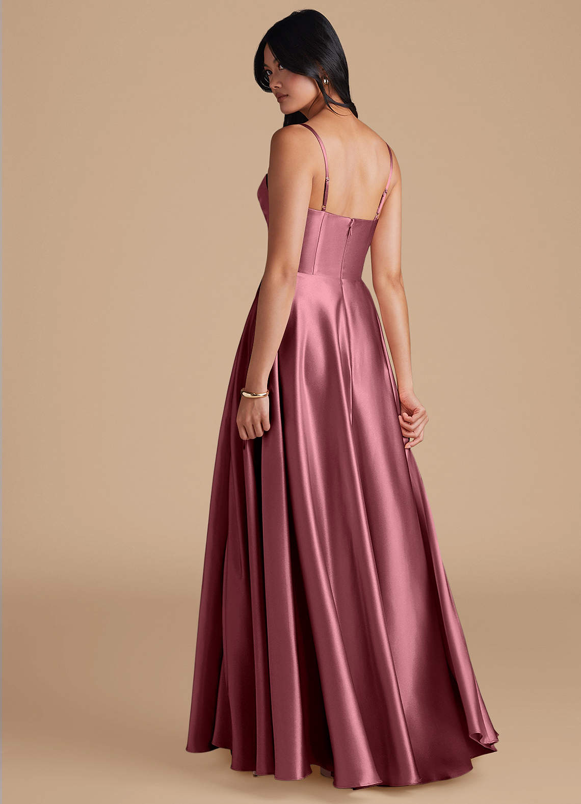 Azazie Elle Suknie dla druhen Linia A z kieszeniami Metaliczny satynowy Do ziemi Sukienka image1