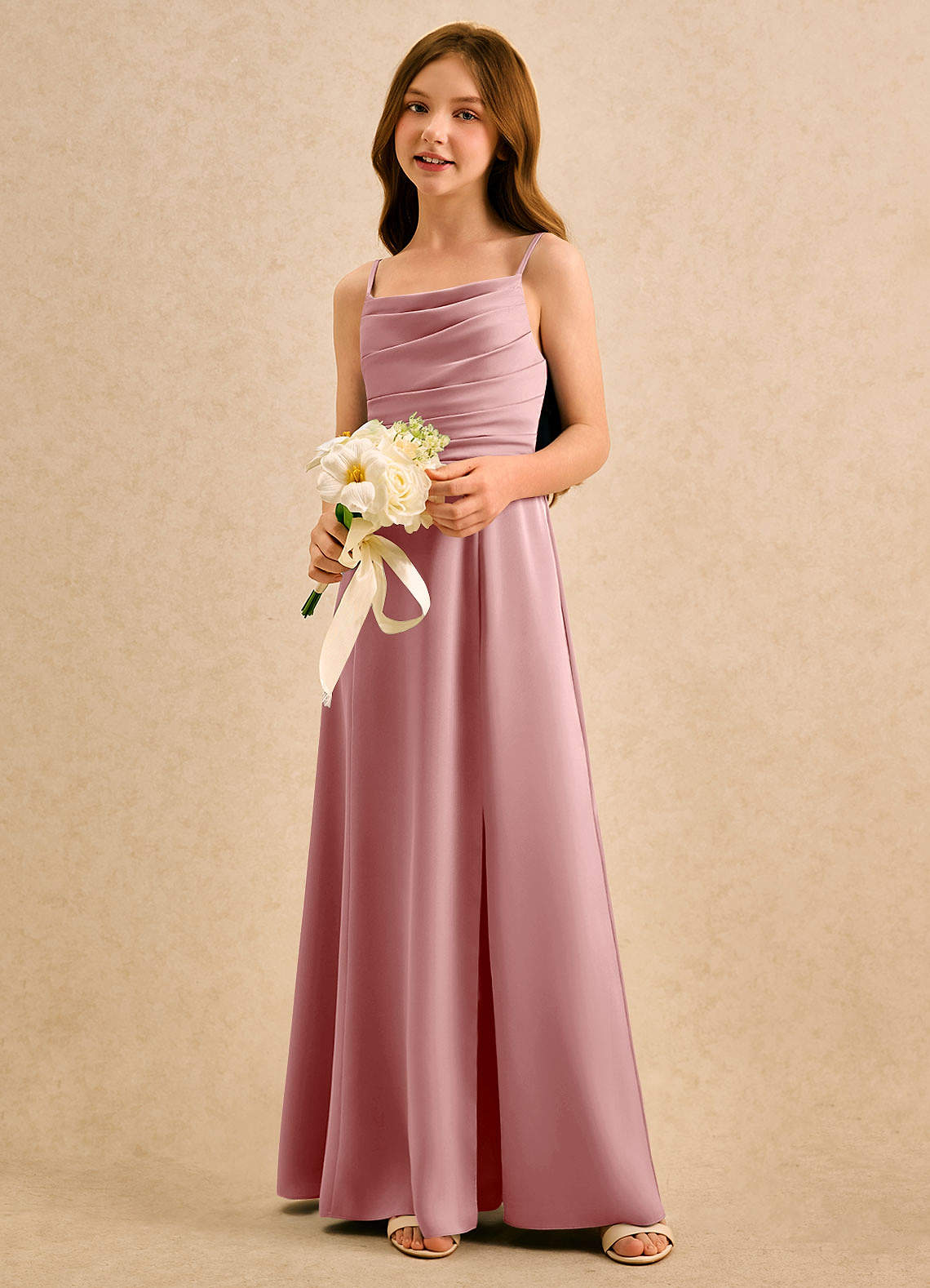 Azazie Chamomile Girls Formal Flower Girl Dresses Dusty Rose A-Line Pleated Stretch Satin Dress image2