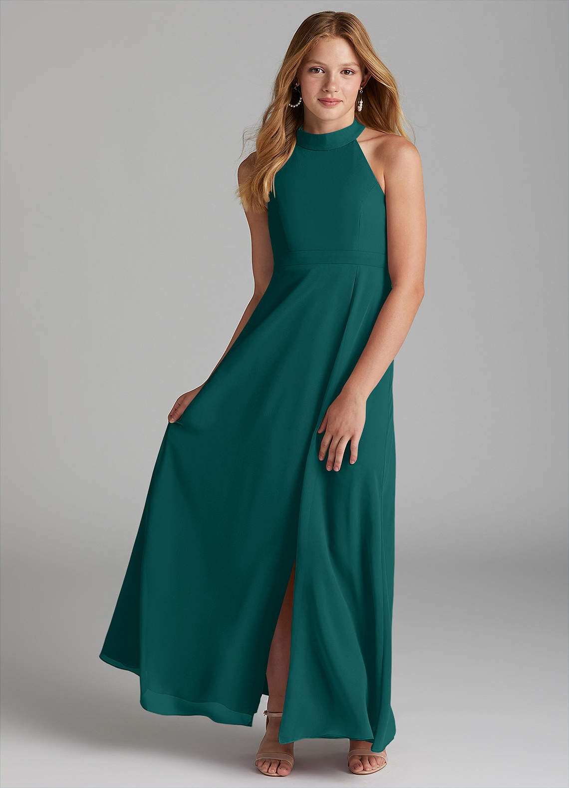 Azazie Clarice Junior Peacock A-Line Side Slit Chiffon Dress image1