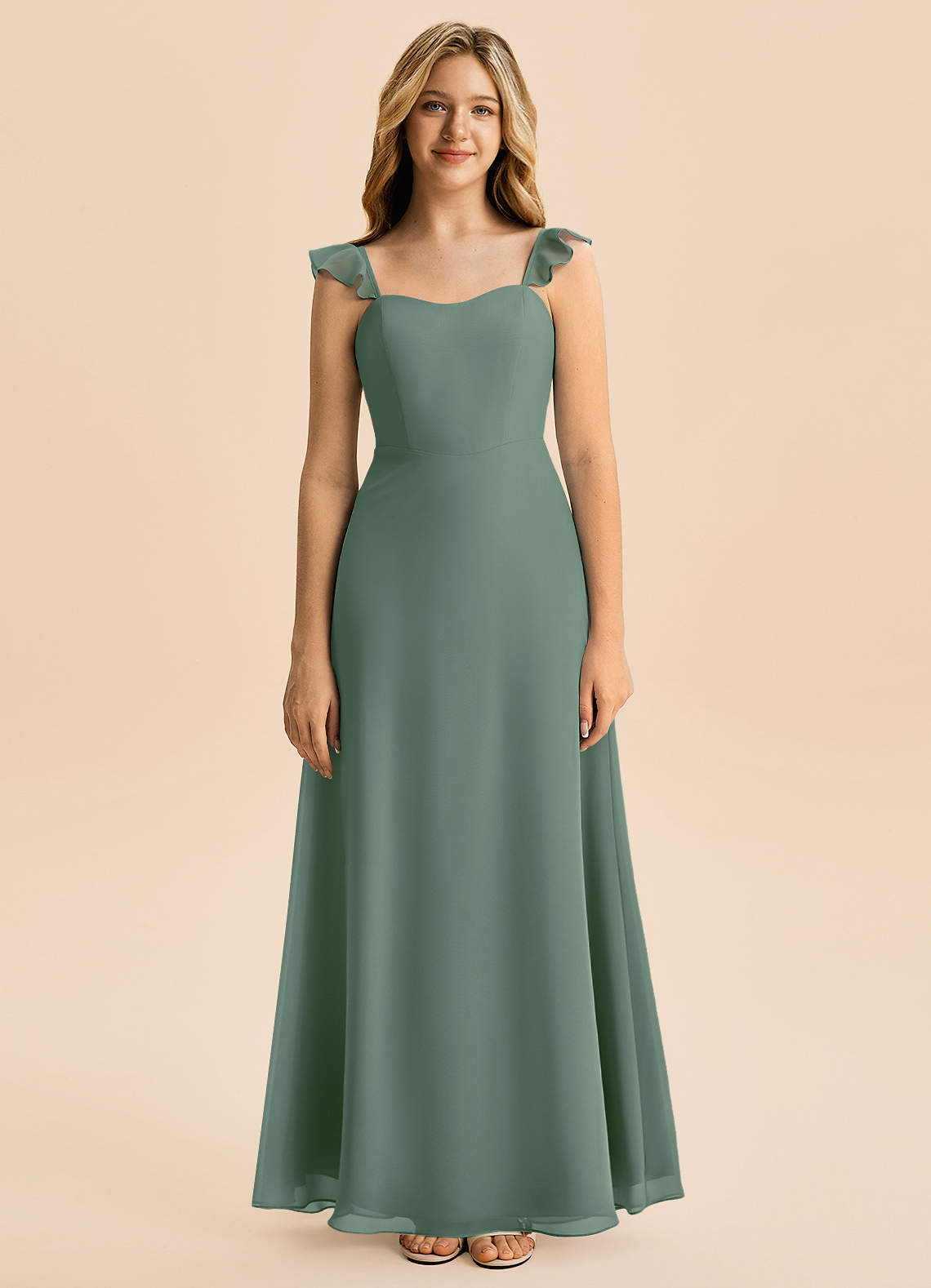 Azazie Mavie Junior Abito A-Line in Chiffon Increspato Eucalipto image3