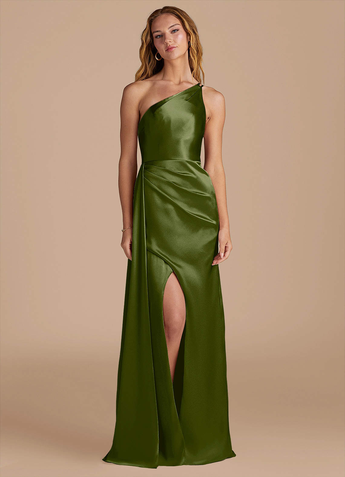 Azazie Maron Final Sale Olive Sheath One Shoulder Metallic Satin Dress image1