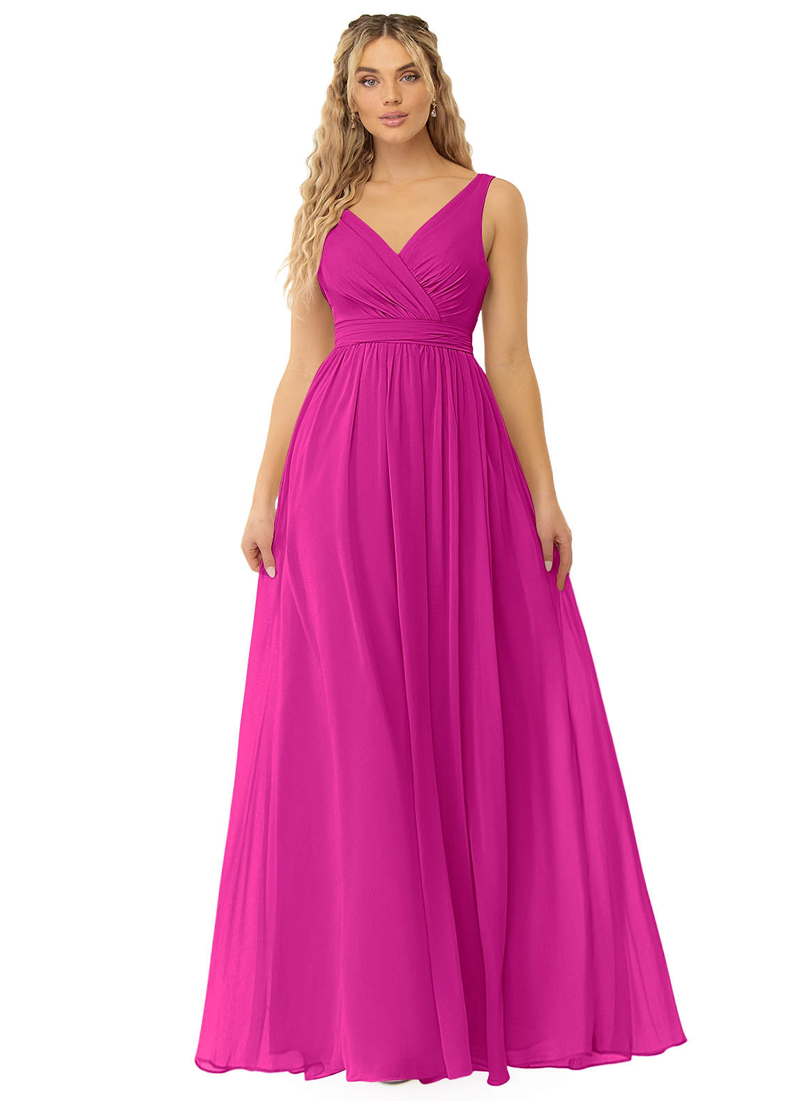 Azazie A-Line V-Neck Floor-Length Chiffon Bridesmaid Dresses - Fuchsia
