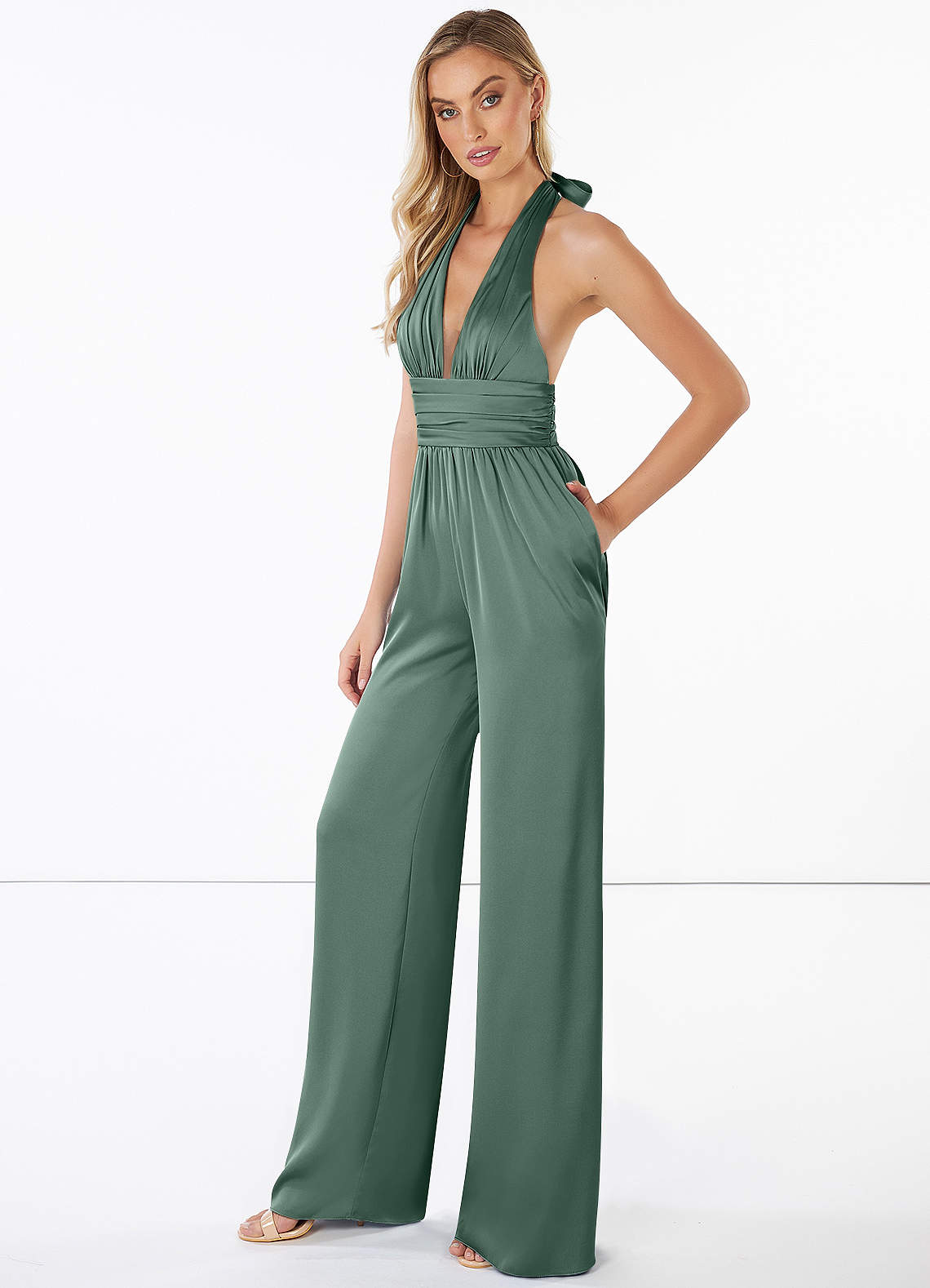 Eucalyptus Azazie Oli Stretch Satin Jumpsuit Bridesmaid Dresses | Azazie