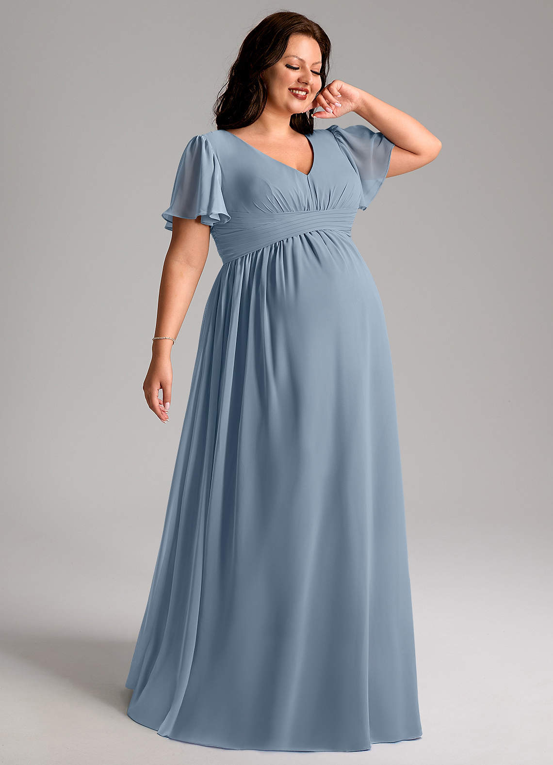 Azazie Verna Vestidos de dama de honra para maternidade Vestido Linha A Ruched Comprimento do chão Chiffon image6