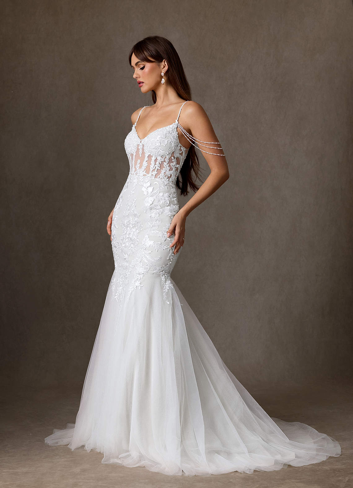 Azazie Denise Vestidos de noiva Vestido Diamante Branco de Tule de sereia com Lantejoulas image2