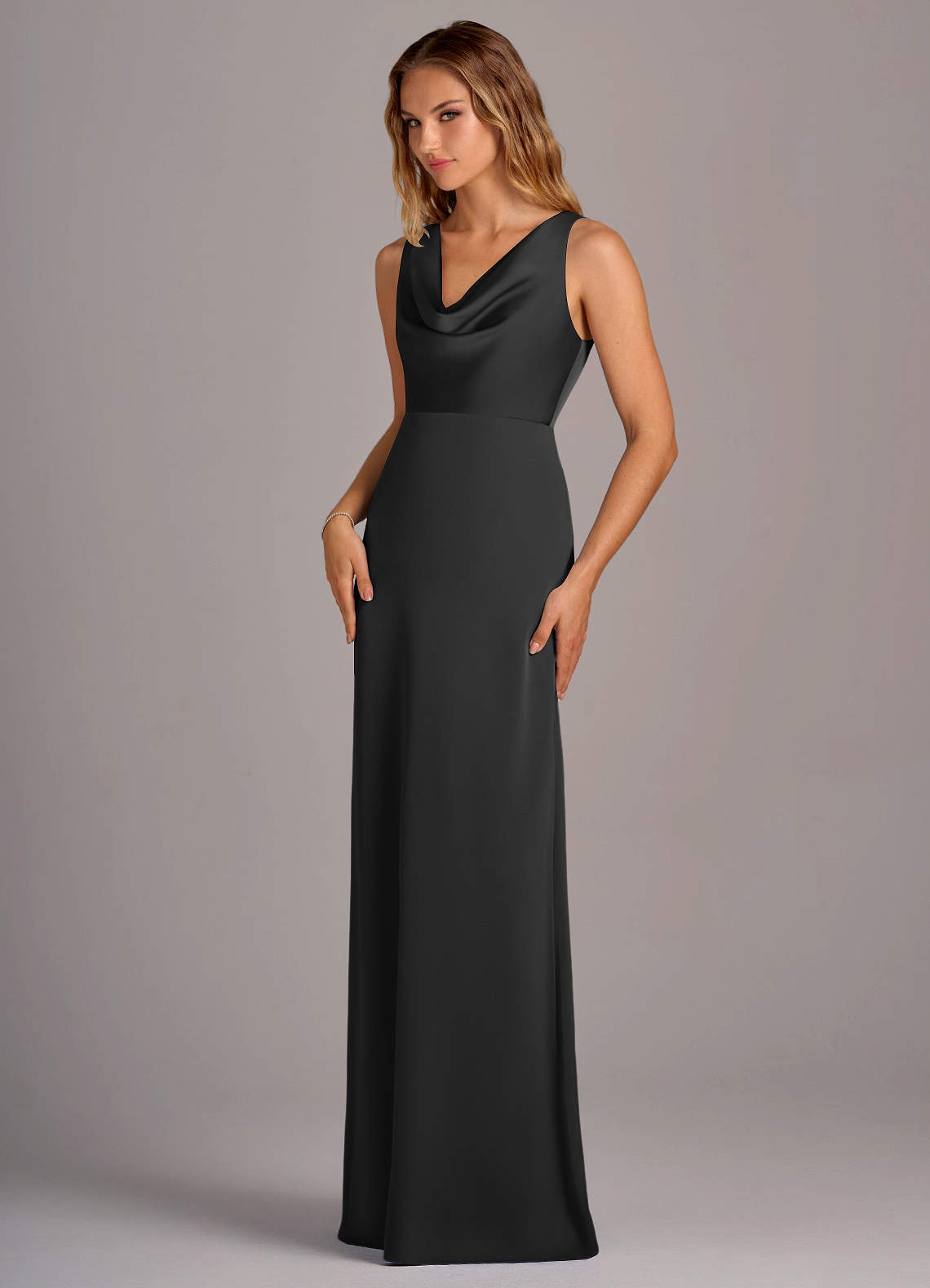 black a line satin dress Azazie Clarice Ready to Ship Black Metallic Satin Bridesmaid Dresses