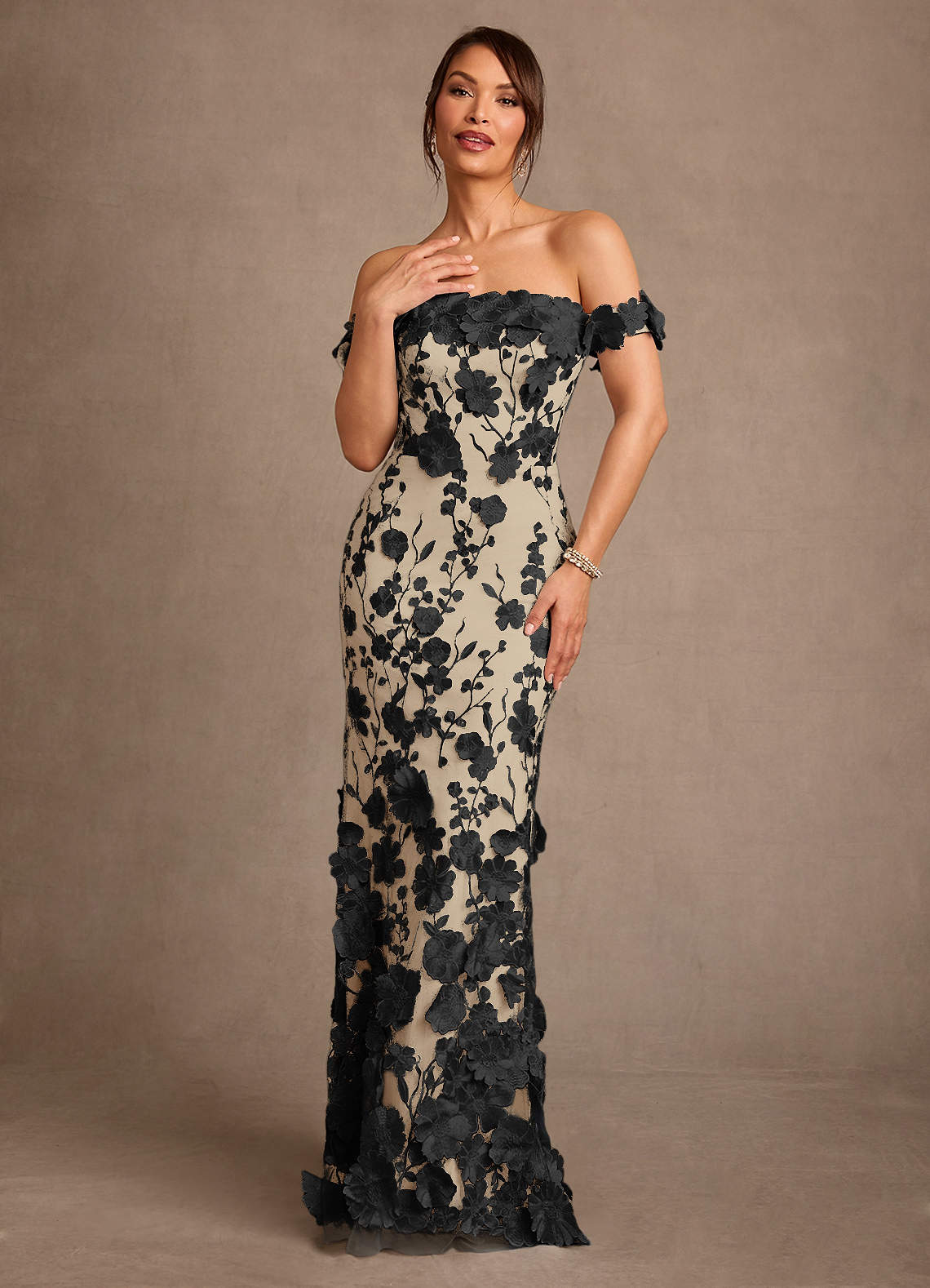 Azazie Lotta Black Champagne Mermaid Off the Shoulder Lace Dress | Azazie