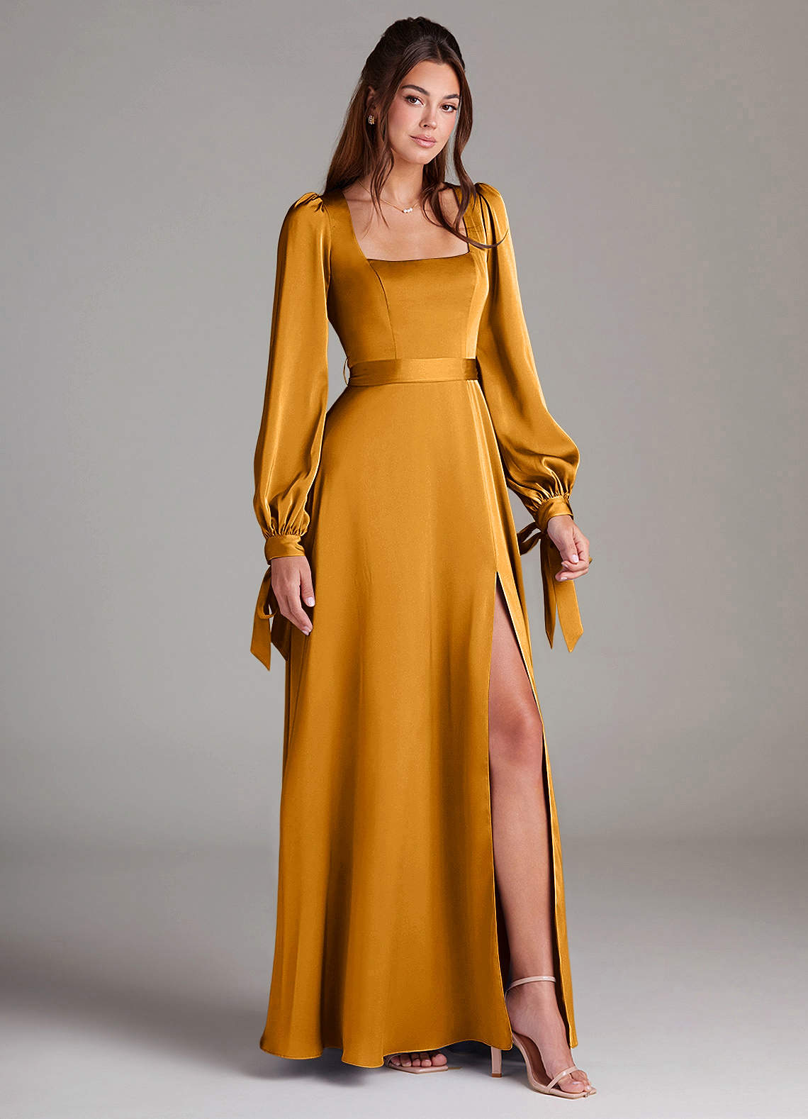 yellow long sleeve bridesmaid dresses Lavetir Mustard Yellow A-Line/Princess Floor-Length Long Sleeves Bridesmaid Dresses With Sash 2026