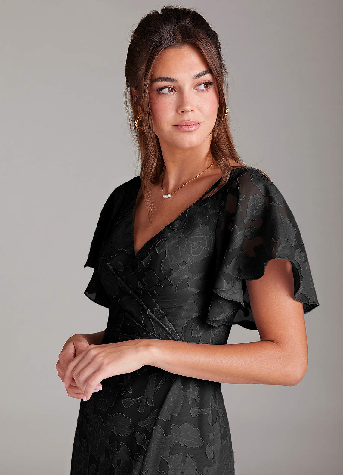 Azazie Ambrosia Bridesmaid Dresses Black A-Line Pleated Floral Burnout Dress image5