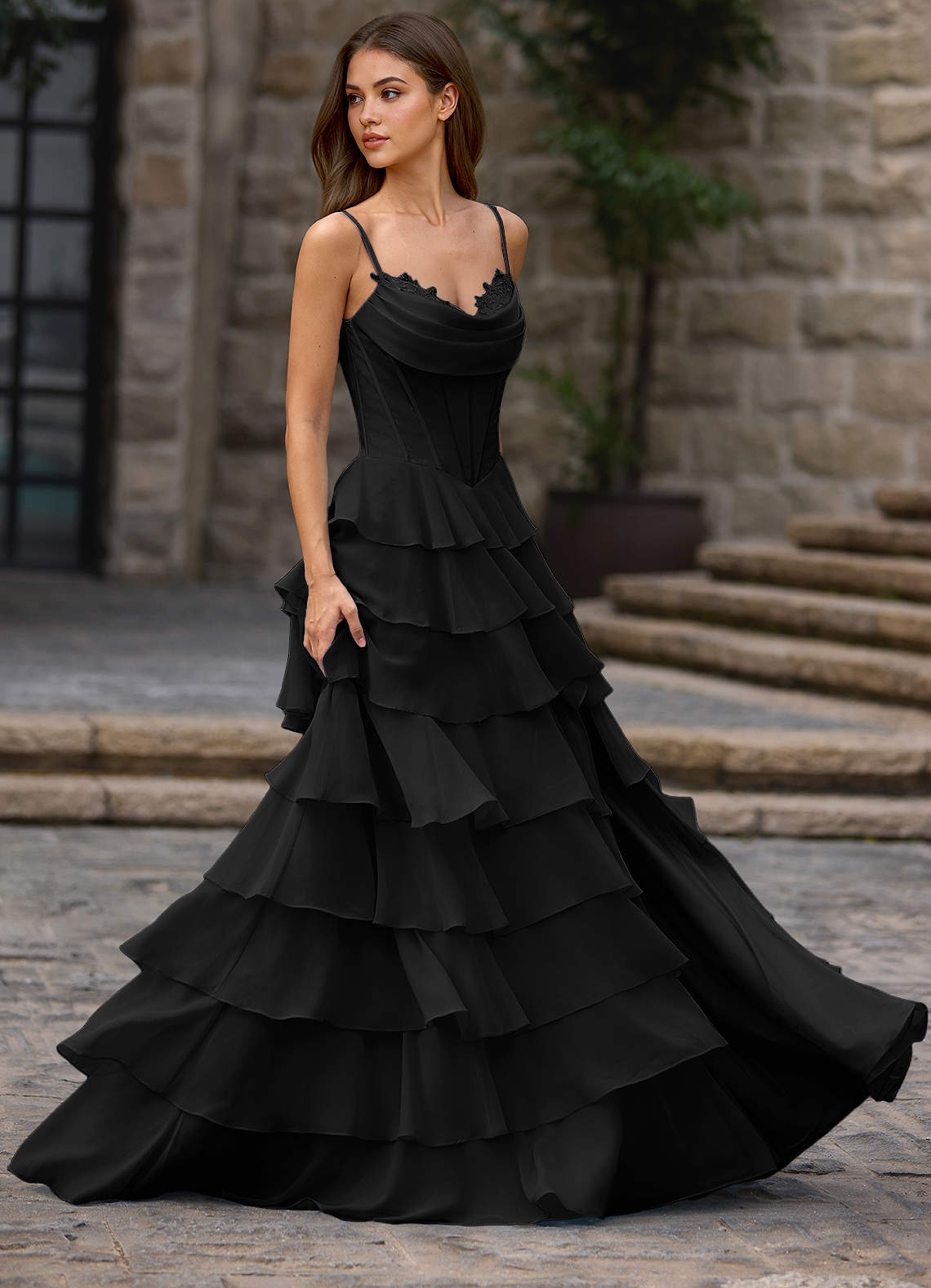 Floralace Black Ruffled A-line Prom Dress | Azazie Floralace Black Ruffled A-line Prom Dress | Azazie