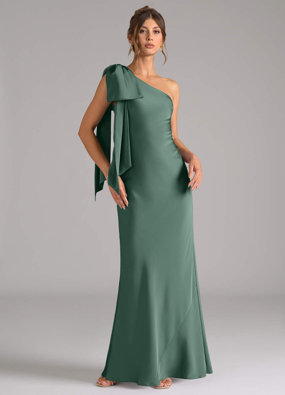 eucalyptus bridesmaid dress satin Azazie Mermaid One-Shoulder Floor-Length Stretch Satin Bridesmaid Dresses