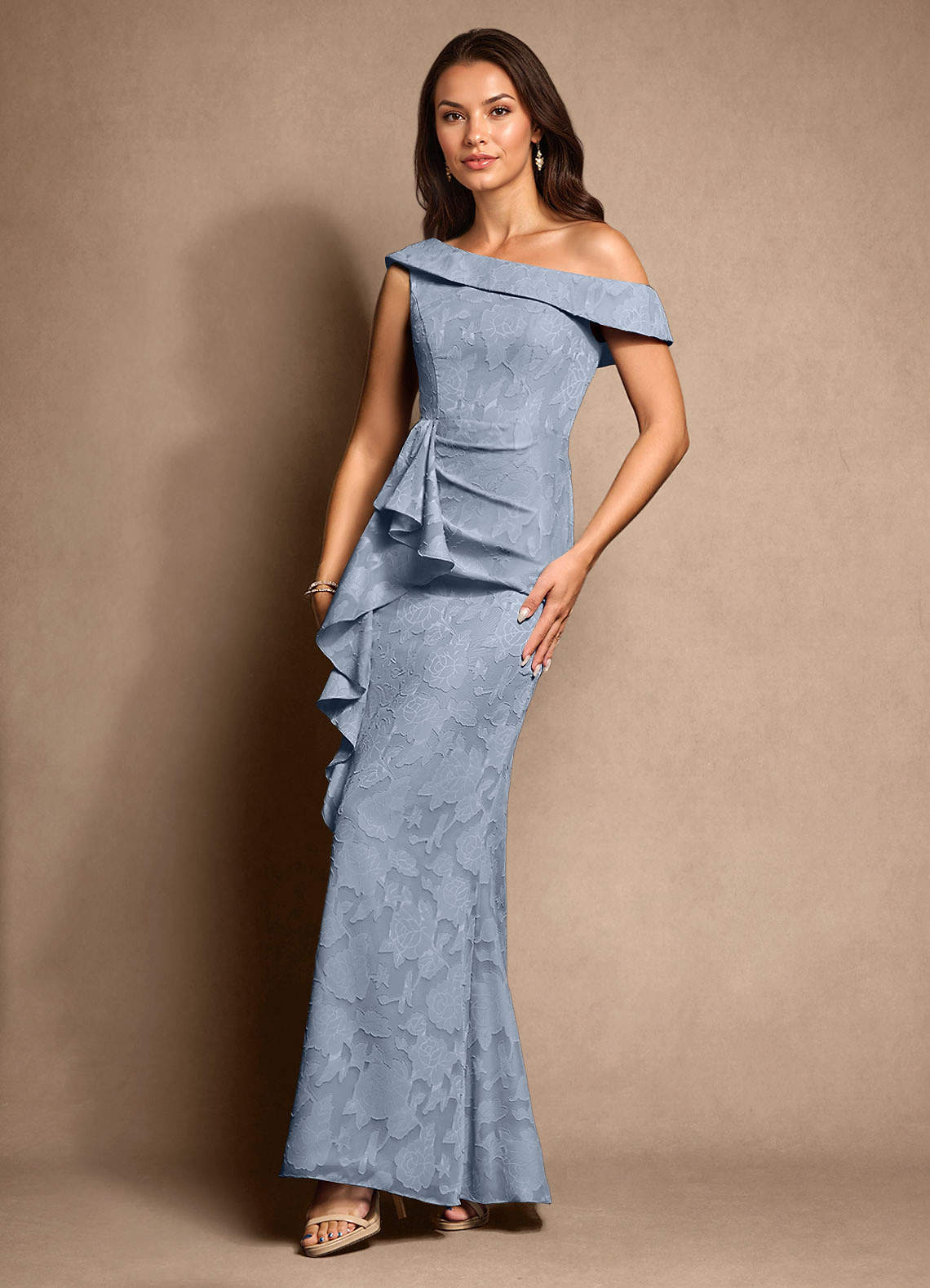 Azazie Hamptons Mother of the Bride Dresses Dusty Blue A-Line Pleated Floral Burnout Dress image4