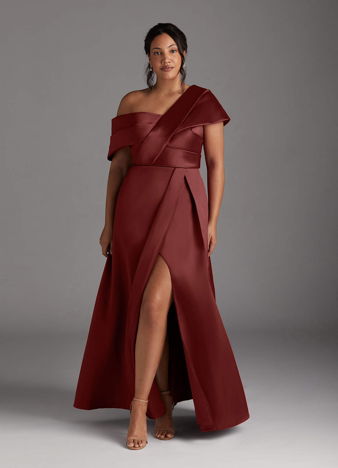 Azazie Marissa At-home Try On Dresses Burgundy A-Line Pleated  Mikado Dress image5