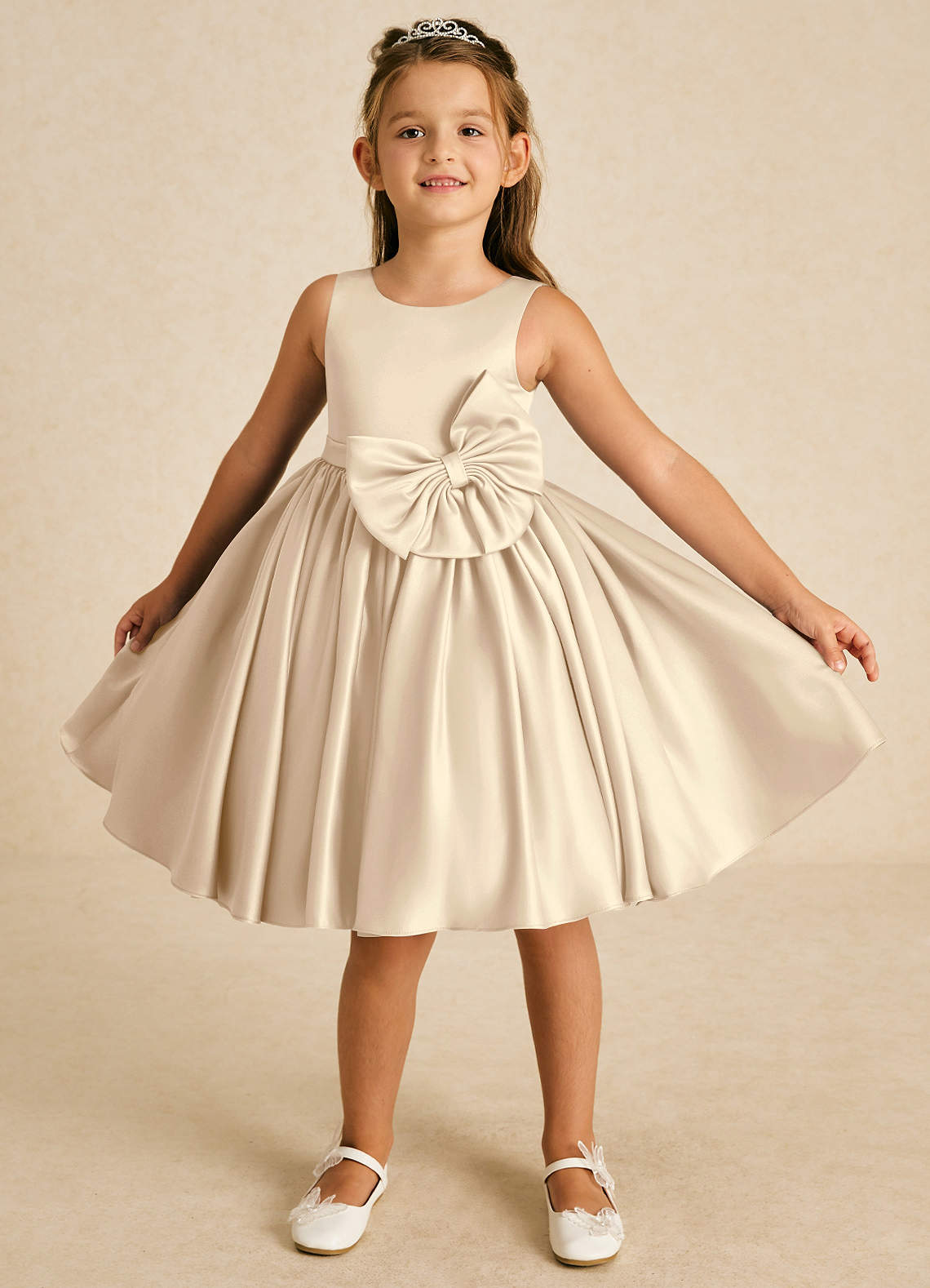 Azazie Apple Flower Girl Dresses Champagne A-Line Bow Matte Satin Dress image1
